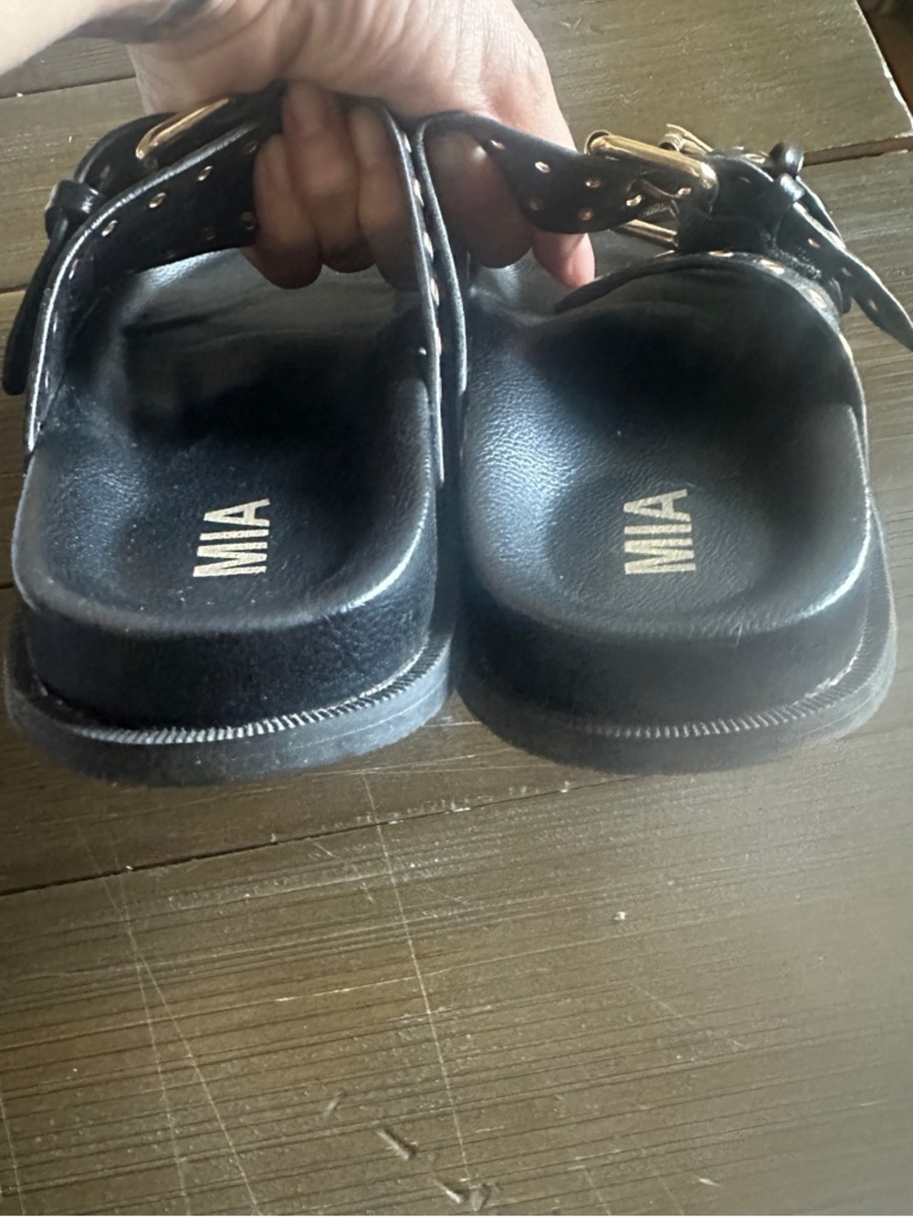 Mia Brooklyn Slide Black Sandals with Gold Grommet Detail size 8 - Picture 4 of 6